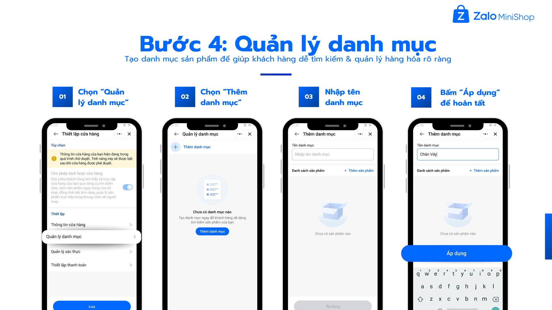 Quản lý danh mục sản phẩm trên Zalo Mini Shop