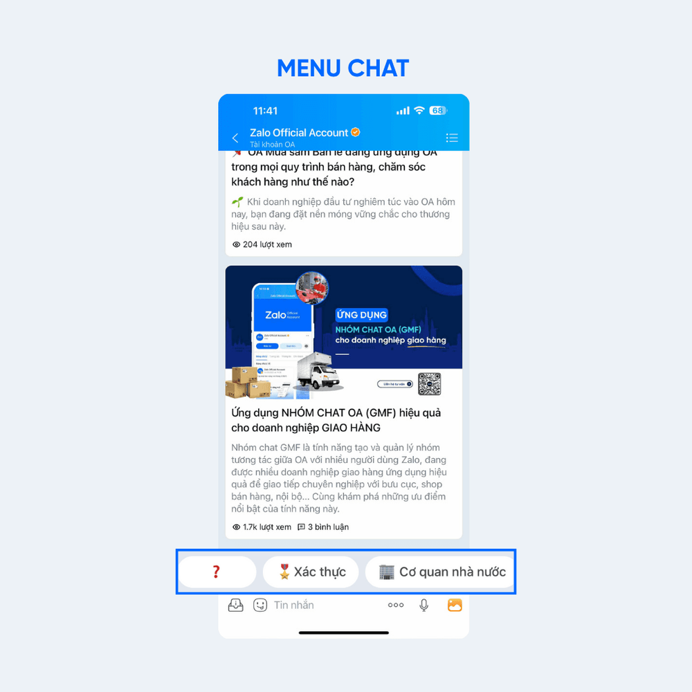 Thanh menu nhanh trên Zalo OA - Miền Tây Media